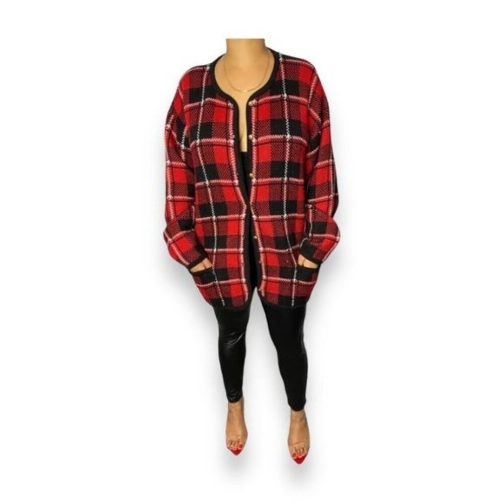 Liz Baker Women’s Cardigan Sweater VTG 80s/90s Button Up Tartan Plaid Holiday 1X